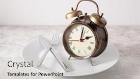  Presentation with ketogenic diet - Presentation design featuring concept of intermittent fasting ketogenic diet weight loss fork and knife crossed and alarmclock on plate background and a light gray colored foreground
