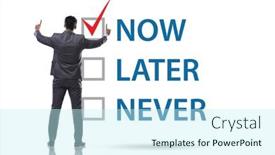  Presentation with procrastination - PPT theme featuring concept-of-procrastination-with-now background and a cool aqua colored foreground