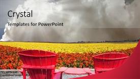  Presentation with eco plastic - Amazing presentation having concept of recreation and eco-tourism the hot spring sun two joined red plastic chairs next to fields of garden buttercups backdrop and a light gray colored foreground