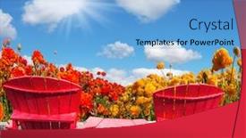  Presentation with eco plastic - Slide set featuring concept of recreation and eco-tourism the spring sun two joined red plastic chairs next to fields of garden buttercups background and a light blue colored foreground