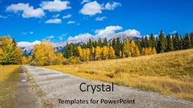  Presentation with walking trail - Audience pleasing slides consisting of concept of recreational tourism bright shining autumn day in canmore near banff national park walking a dirt trail in the park backdrop and a coral colored foreground