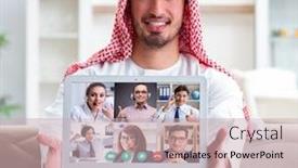  Presentation with video conferencing - Presentation featuring concept-of-remote-video-conferencing background and a soft green colored foreground