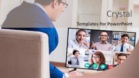  Presentation with video conferencing - Colorful presentation theme enhanced with concept-of-remote-video-conferencing backdrop and a soft green colored foreground