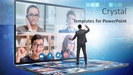  Presentation with video conferencing - Beautiful PPT theme featuring concept-of-remote-video-conferencing backdrop and a light blue colored foreground