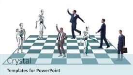  Presentation with robots - Cool new PPT layouts with concept-of-rivalry-between-robots backdrop and a light blue colored foreground