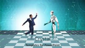  Presentation with robots - Audience pleasing PPT theme consisting of concept-of-rivalry-between-robots backdrop and a light blue colored foreground