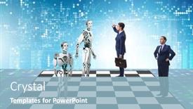  Presentation with robots - Audience pleasing PPT theme consisting of concept-of-rivalry-between-robots backdrop and a light blue colored foreground