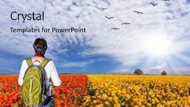  Presentation with red floral - Cool new PPT layouts with concept of rural and recreational tourism the bright southern sun illuminates red garden buttercups woman - tourist with backpack admiring the floral field backdrop and a sky blue colored foreground