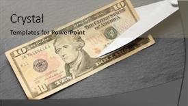  Presentation with emoney money traffic concept closeup - Colorful slides enhanced with concept of spending money - scissors backdrop and a coral colored foreground