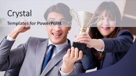  Presentation with prize - PPT theme with concept of teamwork with prize background and a sky blue colored foreground