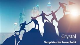  Presentation with mountain climbing - PPT theme with concept-of-teamwork-with-team background and a ocean colored foreground