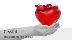  Presentation with romantic gift - Slide deck consisting of concept or conceptual 3d red glass heart sign or symbol with a ribbon held in hands by a woman or child isolated over a white background as a metaphor for love holiday gift care valentine or romantic background and a light gray colored foreground