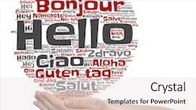  Presentation with multilingual - Cool new theme with concept or conceptual abstract hello or greeting international word cloud on hands in different languages or multilingual metaphor to world foreign worldwide travel translate vacation or tourism backdrop and a light gray colored foreground