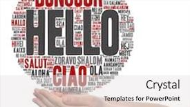  Presentation with multilingual - Cool new slide deck with concept or conceptual abstract hello backdrop and a light gray colored foreground