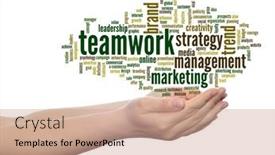  Presentation with corporate advertising - Slide set enhanced with concept or conceptual abstract word cloud or wordcloud in man or woman hand on white background metaphor to business trend media focus market value product advertising customer or corporate background and a coral colored foreground