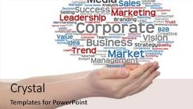  Presentation with corporate advertising - Presentation design with concept or conceptual abstract word cloud or wordcloud in man or woman hand on white background metaphor to business trend media focus market value product advertising customer or corporate background and a coral colored foreground