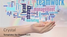  Presentation with business-value - Theme having concept or conceptual abstract word cloud or wordcloud man or woman hand rainbow sky background metaphor to business trend media focus market value product advertising customer or corporate background and a coral colored foreground