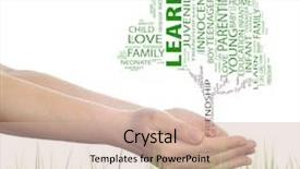  Presentation with education love - Presentation theme enhanced with concept or conceptual black text word cloud tagcloud as tree on man or woman hand isolated on white background and grass metaphor to child family education home love and school learn achievement background and a soft green colored foreground