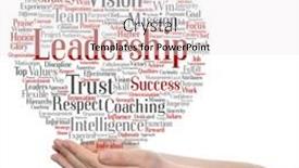  Presentation with strategy management - Slide set featuring concept or conceptual business leadership management value word cloud in hand isolated on background metaphor to strategy success achievement responsibility authority intelligence or competence background and a sky blue colored foreground