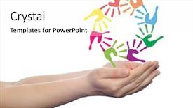  Presentation with colorful hand prints - Slide set consisting of concept or conceptual circle spiral of colorful hand prints made by children isolated on white background for paint handprint symbol people identity together friendship play fun designs background and a white colored foreground