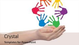  Presentation with colorful hand prints - PPT theme having concept or conceptual circle spiral of colorful hand prints made by children isolated on white background for paint handprint symbol people identity together friendship play fun designs background and a coral colored foreground