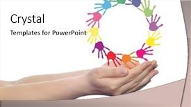  Presentation with colorful hand prints - Presentation theme featuring concept or conceptual circle spiral of colorful hand prints made by children isolated on white background for paint handprint symbol people identity together friendship play fun designs background and a white colored foreground