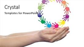  Presentation with colorful hand prints - Beautiful PPT theme featuring concept or conceptual circle spiral of colorful hand prints made by children isolated on white background for paint handprint symbol people identity together friendship play fun designs backdrop and a white colored foreground