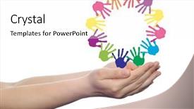  Presentation with colorful hand prints - Presentation theme consisting of concept or conceptual circle spiral of colorful hand prints made by children isolated on white background for paint handprint symbol people identity together friendship play fun designs background and a pink colored foreground