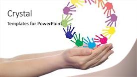  Presentation with colorful hand prints - Slide set with concept or conceptual circle spiral of colorful hand prints made by children isolated on white background for paint handprint symbol people identity together friendship play fun designs background and a white colored foreground