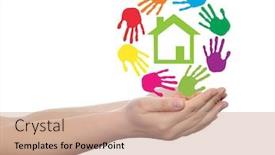  Presentation with green building ecology concept - PPT theme with concept or conceptual green house or building sign or symbol with child or human handprints circle isolated on white background metaphor to environment home eco ecology peace energy home background and a coral colored foreground