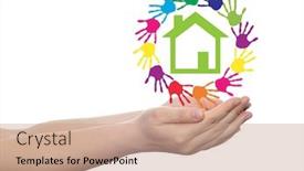  Presentation with green building ecology concept - Beautiful PPT theme featuring concept or conceptual green house or building sign or symbol with child or human handprints circle isolated on white background metaphor to environment home eco ecology peace energy home backdrop and a coral colored foreground