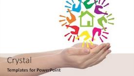  Presentation with green building ecology concept - PPT layouts having concept or conceptual green house or building sign or symbol with child or human handprints circle isolated on white background metaphor to environment home eco ecology peace energy home background and a coral colored foreground