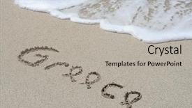  Presentation with island resort - Presentation design enhanced with concept or conceptual hand or handwritten greece text in sand on beach in exotic island as metaphor to summer ocean sea travel vacation tourism tropical coast message resort paradise sunny or water background and a light gray colored foreground