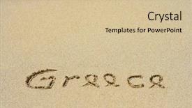  Presentation with island resort - Presentation featuring concept or conceptual hand or handwritten greece text in sand on beach in exotic island as metaphor to summer ocean sea travel vacation tourism tropical coast message resort paradise sunny or water background and a soft green colored foreground