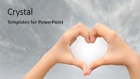  Presentation with love romance - Theme with concept or conceptual human male man and woman hands in love valentines shape or symbol heart over blue sky background metaphor to romance romantic wedding honeymoon holiday vacation or couple background and a light gray colored foreground