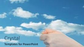  Presentation with internet communication - Cool new PPT layouts with concept or conceptual human or man hand holding a internet or data cable in clouds over the blue sky as a metaphor for plug connection technology share network mobility connectivity or communication backdrop and a light blue colored foreground