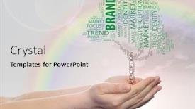  Presentation with corporate advertising - PPT layouts enhanced with concept or conceptual tree word cloud tagcloud in man or woman hand on rainbow sky background metaphor to business brand trend focus market value product advertising or customer or corporate background and a lemonade colored foreground