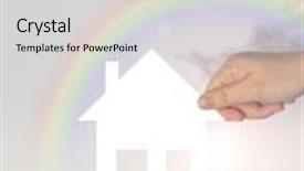  Presentation with home loan - Beautiful theme featuring concept or conceptual white paper house held in hand by a man in a green summer grass over a rainbow sky background with clouds for construction eco ecology loan mortgage property or home backdrop and a light gray colored foreground