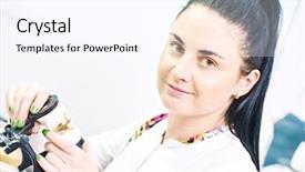  Presentation with dental prosthesis - PPT layouts having concept portrait of female dental background and a cool aqua colored foreground