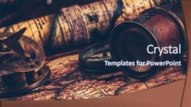  Presentation with vintage world travel - Presentation having travel geography navigation concept still life background - old vintage retro compass with sundial spyglass and rope on ancient world map background and a coral colored foreground