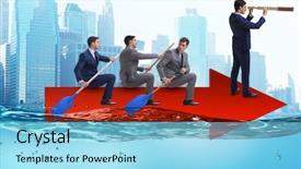  Presentation with teamwork - Slide deck featuring concept with businessmen on boat background and a light blue colored foreground