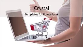  Presentation with shopping trolley - Slide deck having concept with laptop and trolley background and a  colored foreground