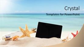  Presentation with accessories - Cool new slide deck with concept with summer beach tablet backdrop and a light blue colored foreground