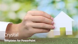  Presentation with green house - PPT theme having concept woman hand with paper house on green background close up background and a coral colored foreground