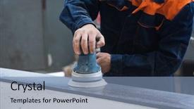  Presentation with facts and myths concept word - Colorful slides enhanced with concept worker polishing the stone backdrop and a seafoam green colored foreground