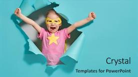  Presentation with child superhero - Presentation having concept yellow pink and turquoise background and a teal colored foreground