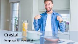  Presentation with italian food cooking tomatoes basil - Colorful theme enhanced with concepts ego - handsome man cooking italian spaghetti backdrop and a light blue colored foreground