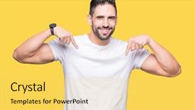  Presentation with fingers - Cool new PPT layouts with concepts ego - young man wearing casual white backdrop and a yellow colored foreground