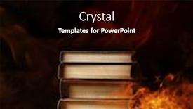  Presentation with stack books - Audience pleasing presentation theme consisting of conceptual image of a tall stack of hardcover books in a burning fire with flames and smoke swirling around them in a darkened room with copyspace backdrop and a black colored foreground