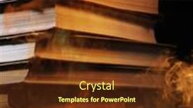  Presentation with tall - Slides featuring conceptual image of a tall stack of hardcover books in a burning fire with flames and smoke swirling around them in a darkened room with copyspace background and a tawny brown colored foreground
